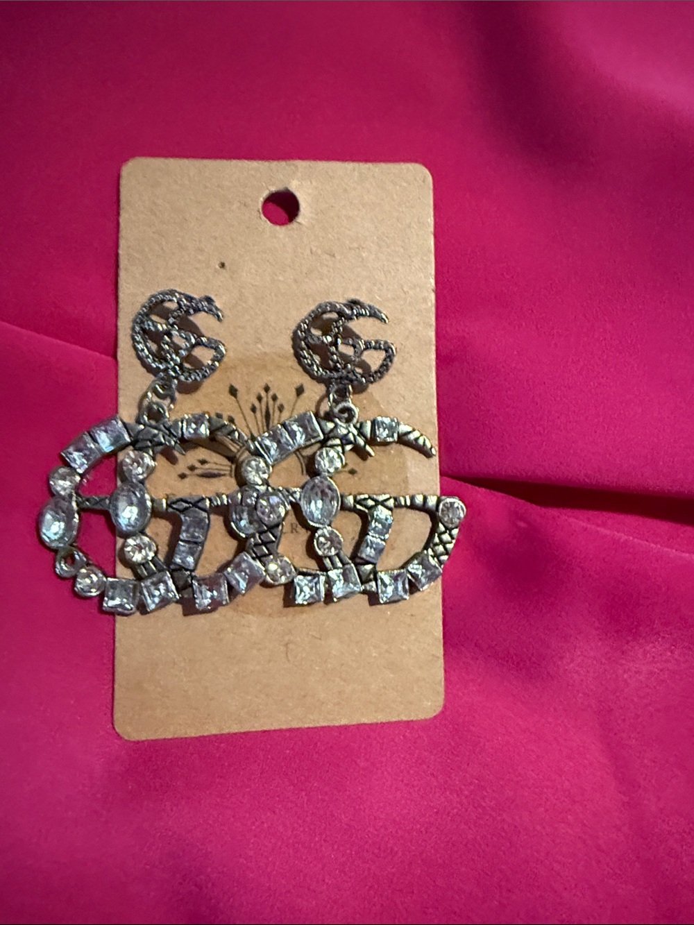 Designers Inspired Double-G Style Drop Earrings - Silver Crystal